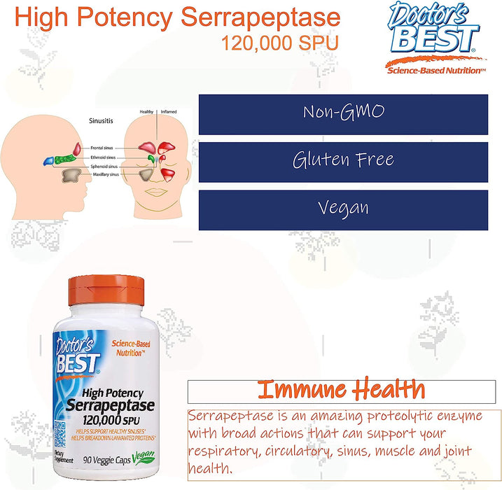 Doctor's Best Serrapeptase, 120 000 SPU High Potency - 90 vcaps | High-Quality Health and Wellbeing | MySupplementShop.co.uk