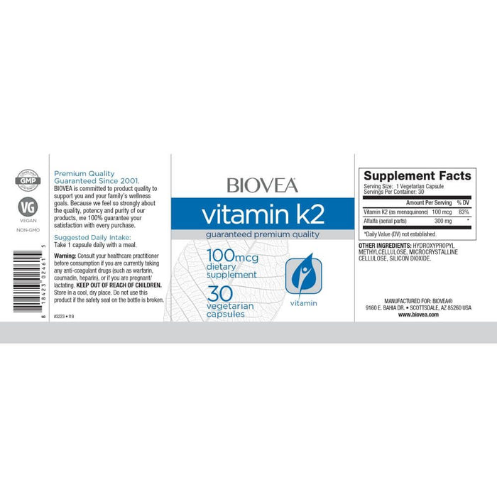 Biovea Vitamin K2 100mcg 30 Vegetarian Capsules | Premium Supplements at MYSUPPLEMENTSHOP