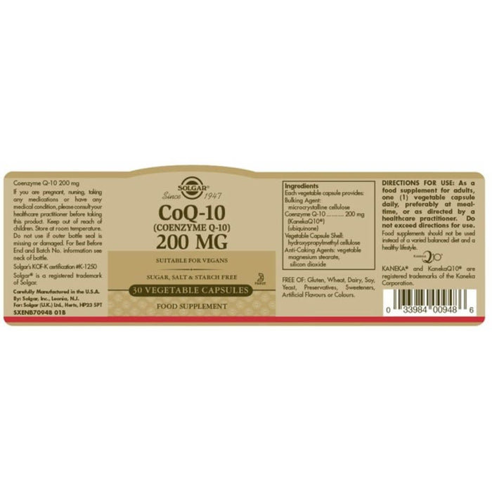 Solgar CoQ-10 (Coenzyme Q-10) 200 mg Vegetable Capsules Pack of 30 at MySupplementShop.co.uk