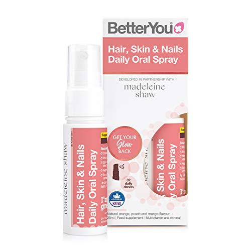 BetterYou Hair Skin & Nails Daily Oral Spray | Developed in Partnership with Madeleine Shaw | 25ml | Natural Orange Peach and Mango Flavour | Multivitamin and Mineral | High-Quality Combination Multivitamins & Minerals | MySupplementShop.co.uk