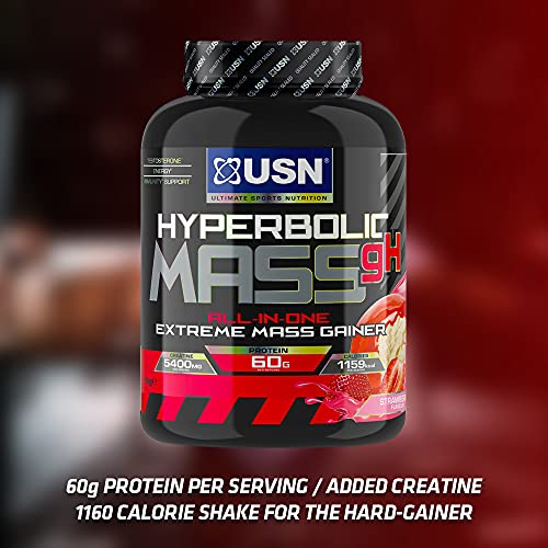 USN Hyperbolic Mass Strawberry 6kg: High Calorie Mass Gainer Protein Powder for Fast Muscle Mass and Weight Gain With Added Creatine and Vitamins | High-Quality Protein Blends | MySupplementShop.co.uk