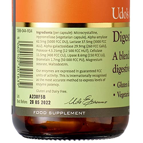 Udo's Choice Digestive Enzymes - 7 Plant Based Digestive Enzymes - Optimise The Absorption & Use of Nutrients - Vegetarian Gluten Free & Dairy Free - 60 Vegecaps - One a Day | High-Quality Diet & Nutrition | MySupplementShop.co.uk