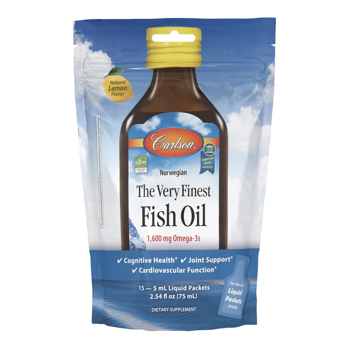 Carlson Labs The Very Finest Fish Oil - 1600mg Omega-3s, Natural Lemon (Pouch of Packets) - 15 x 5 ml. | High-Quality Fish Oils | MySupplementShop.co.uk